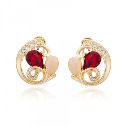 Yellow Gold plated love square earrings with sparkling red and white zircon